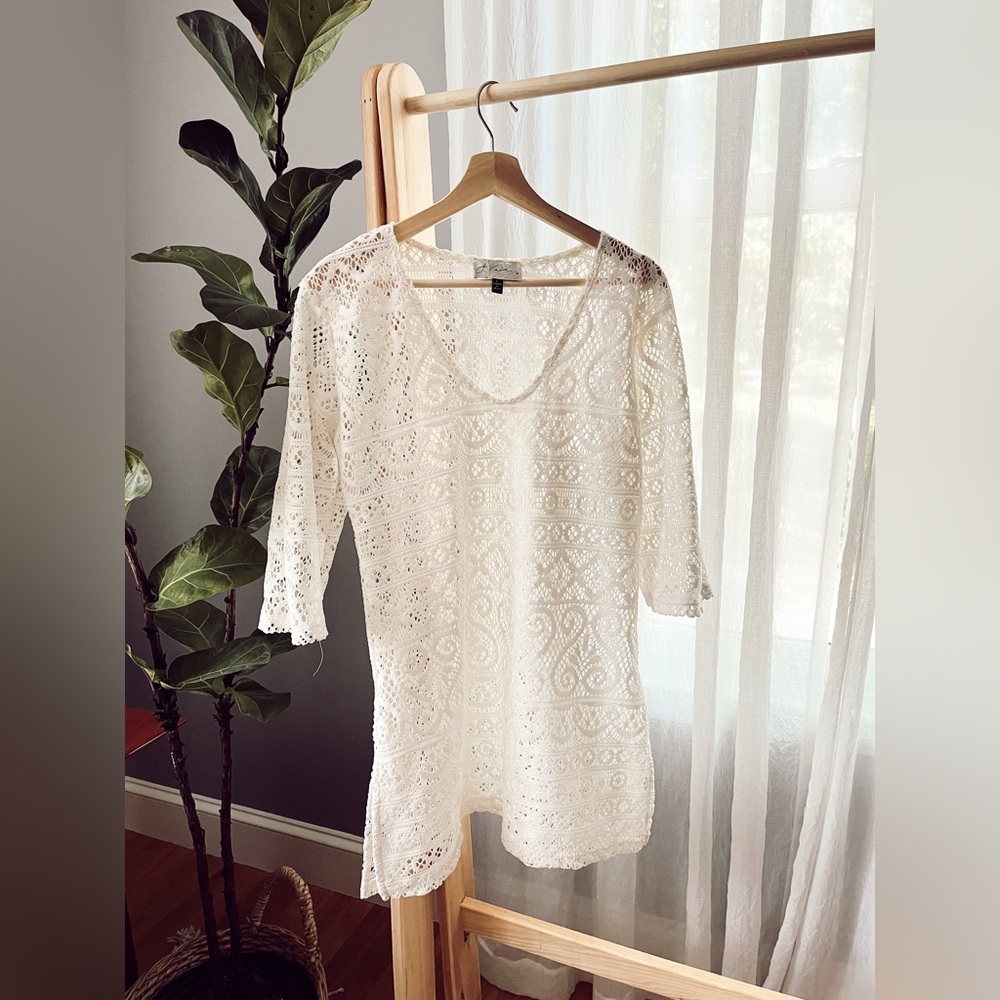 J Valdi Lace Crochet Mermaid Cover Up made in Mexico Beach Pool Summer Dress